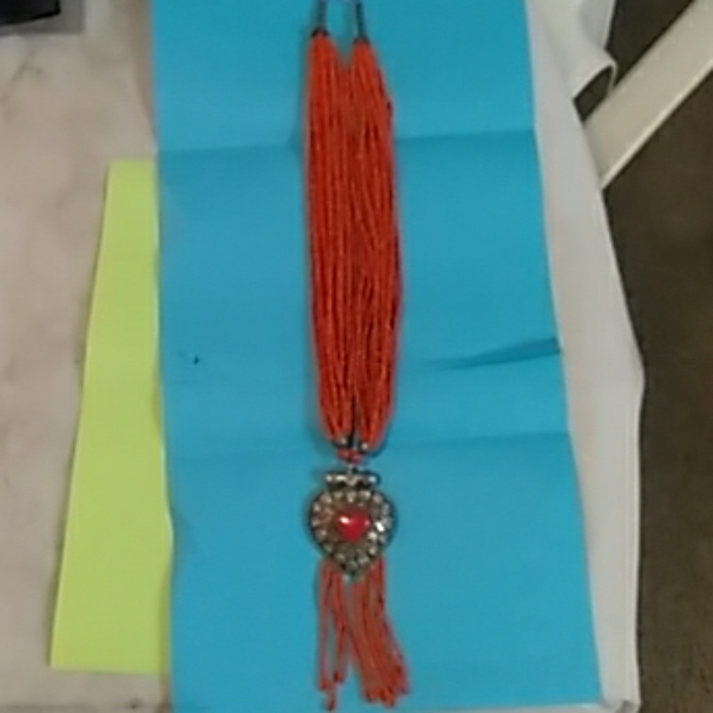 Vintage Coral/Silver Bead Heart Necklace